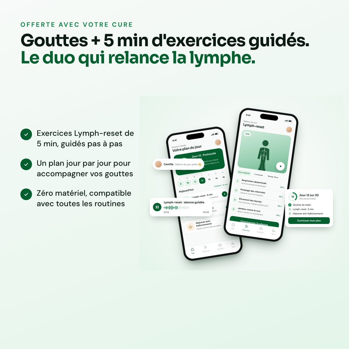Gouttes et exercices guidés dans l'app Drainage lymphatique