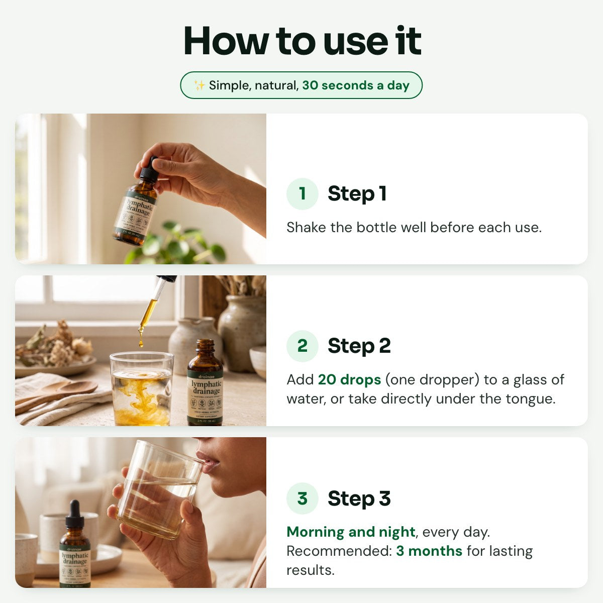 How to use: shake, 20 drops in a glass of water, morning and night