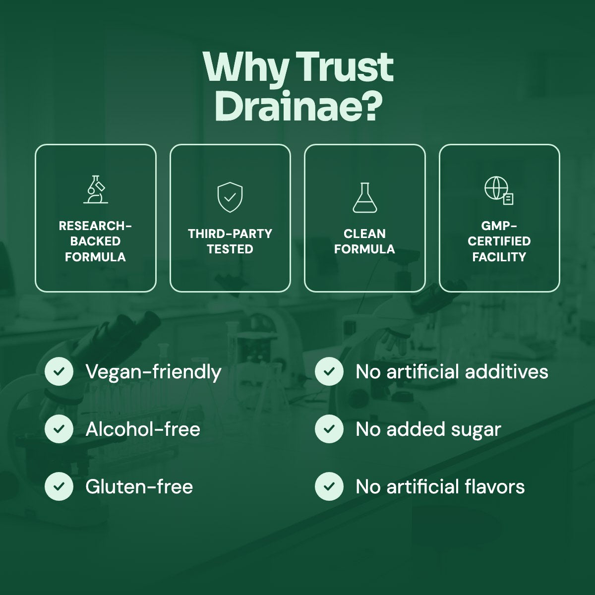 Why trust Drainae: clean formula, third-party tested, vegan, alcohol-free