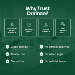 Why trust Drainae: clean formula, third-party tested, vegan, alcohol-free