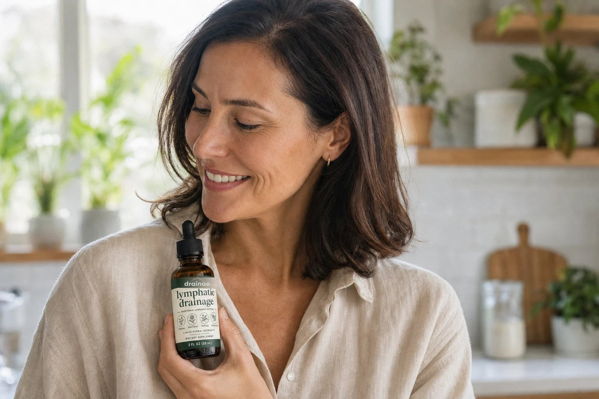 Woman holding a bottle of Drainae drops in her kitchen