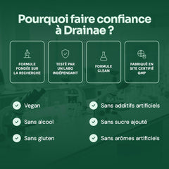 Pourquoi faire confiance à Drainae : formule clean, testée par un labo indépendant, vegan, sans alcool